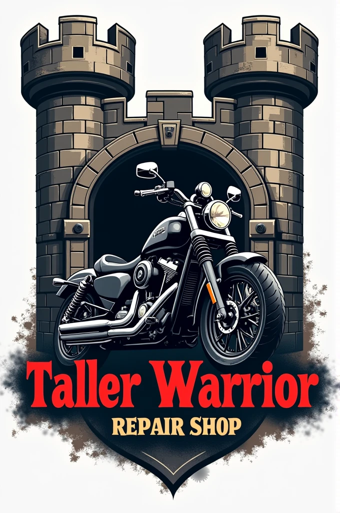Logo for a motorcycle repair shop, with a motorcycle coming out of the door of a castle. With the name "Taller Warrior"