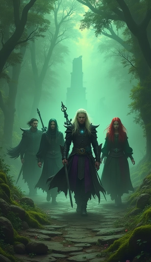 Five characters walking through an ancient, mystical forest. The forest is shrouded in dense mist, with dim green light filtering through the trees, creating an otherworldly atmosphere.

Vortex:
His long black hair flows in the wind, and his black coat billows behind him. He holds a dark sword in his hand, his calm and sharp gaze ever-watchful. The white shirt he wears faintly glows in the darkness.

Mirage:
His platinum blonde hair is now tied in a top knot, but the rest of his long hair flows down his back. He holds an ancient staff that pulses with a faint blue glow, highlighting his mystical aura as he navigates the forest.

Raven:
With long white hair draped down his back, this male dark elf archer, clad in purple leather armor, scans the depths of the forest, his bow at the ready as if searching for the next target.

Varis:
Dressed in gothic black armor adorned with blood-red gemstones, his long black hair cascades around him, giving him an imposing and mysterious presence. He wields a greatsword inscribed with ancient runes, its weight echoing with each step he takes through the forest.

Seraphina:
With flowing red hair and a green headscarf, Seraphina walks gracefully. Her green eyes reflect the mysteries of the forest, and the magical embroidery on her robe softly glows. She holds a staff, her presence elegant and serene.

Background:
As they walk, ancient statues and vine-covered ruins line their path. The ground is carpeted with glowing moss and strange flowers. From afar, mysterious whispers can be heard, and the wind seems to envelop the entire forest.

Overall Scene:
The five characters move closely together, each standing out with their unique traits, yet harmonizing within the ancient forest. In the distance, the ruins of an ancient structure, possibly holding untold powers, are faintly visible.

Overall Scene:
The five characters are well-spaced apart, each with their own unique features (2). In the distance, the ruins of an ancient structure, presu
