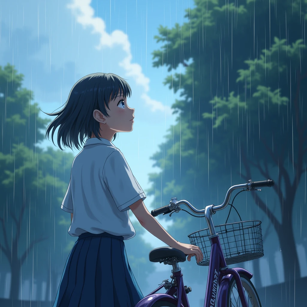 High school student gazing at the weather with a dazzling expression、profile、Shinkai、uniform、Skirt length is knee、bicycle、after the rain