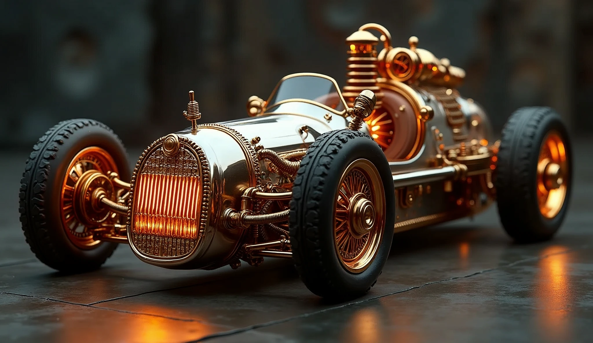 1 highly detailed steampunk formula car, intricate gears and machinery, copper and brass accents, glowing steam vents, ornate chrome details,gleaming polished surfaces, dramatic lighting, cinematic camera angle, photorealistic, 8k, ultra-detailed, masterpiece