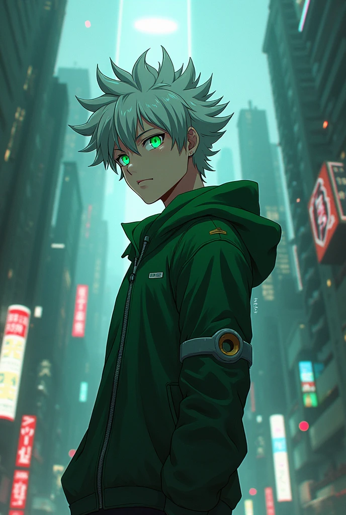 Izuku Midoriya with white hair and green eyes in cyberpunk style