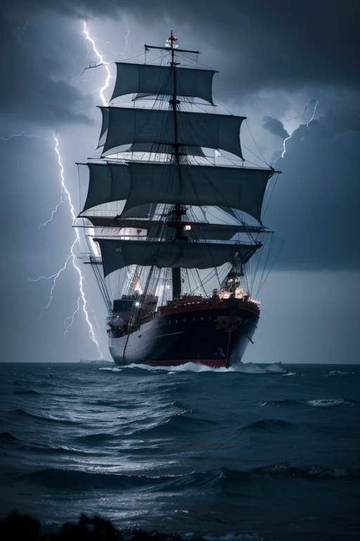 Open sea sighting, a hug ship surrounded by the Kraken's tentacles, lightning accompanied by peals of thunder