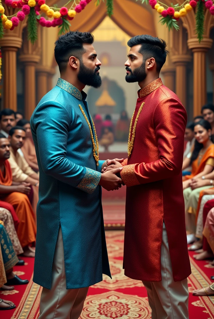 Indian gay two boy's marriage, traditional culture, one boy muscular with beard blue colour dress, second boy cute and wearing red colour dress, infront of relatives