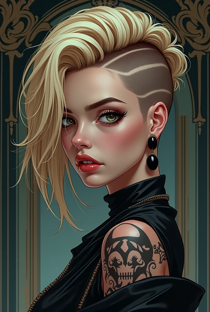 (masterpiece, best quality:1.2), 1girl, solo, a cartoon image of a 20 year old woman , ((Shaved side hairstyle:1.4)), (Punk:1.3), (((asymmetrical hair:1.3)), ((blonde long hair:1.3)) and ((brown shaven hair:1.2)), ((tribal tattoos:1.3)), anime drawing inspired by Ross Tran, tumblr, digital art, anime styled, in an anime style, anime inspired, in anime style, seductive anime girl, high quality fanart, ross tran style, anime styled digital art, anime vibes, attractive anime girl, anime style, (gothic style:1.2) . mysterious, haunting, dramatic, (minimal, ornate), aesthetic, eerily beautiful, dark surrealism, best quality
