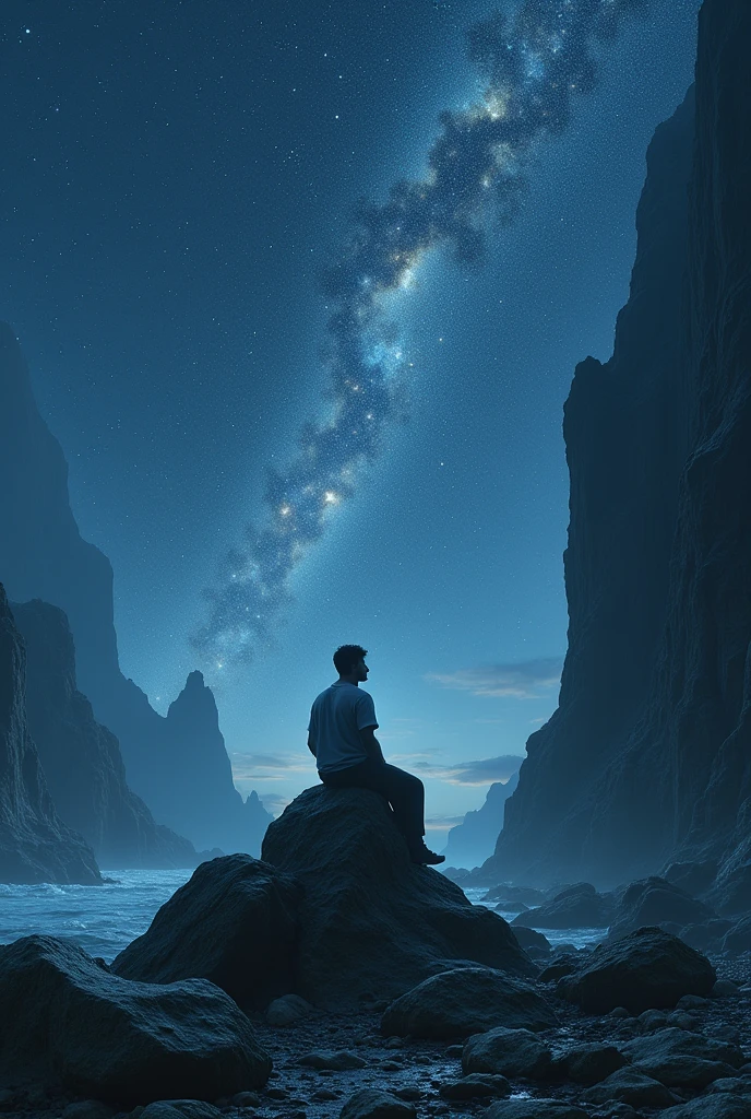 A person sitting on some rocks thinking about the starry night.