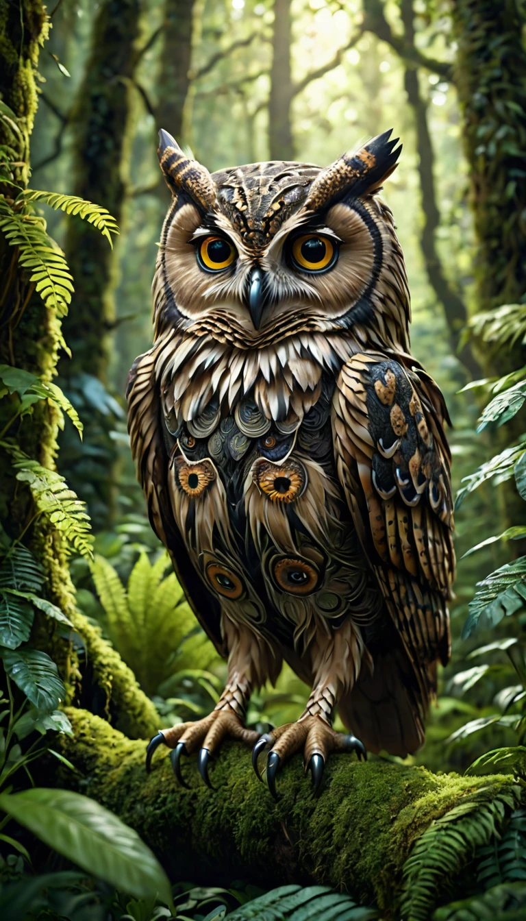 a four-eyed humanoid creature with an owl's body, in a lush forest, (best quality,4k,8k,highres,masterpiece:1.2),ultra-detailed,(realistic,photorealistic,photo-realistic:1.37),highly detailed animal, intricate patterns, realistic lighting