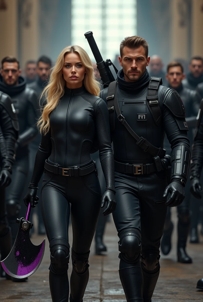 Create the image of a 22 year old blonde girl, blue eyes, clear skin, thick lips, slim, dressed in a well-equipped black tight-fitting combat suit and a black and purple axe in hand, Together with her, she creates a 31-year-old boy, clear skin, eyes the color of honey, Brown hair, muscular, dressed in a well-equipped black combat suit and a weapon
Create them making a spectacular entrance to an important place where a mafia army supports them from behind 