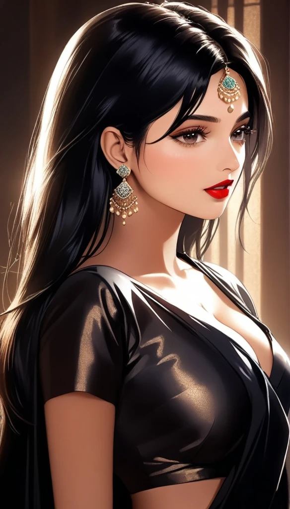 a beautiful desi indian girl, long black silk saree, detailed silver jhumka earrings, messy black hair, glossy skin, red lipstick, cleavage, navel, high quality, photorealistic, 8k, masterpiece, dramatic lighting, cinematic, chiaroscuro, rich colors, glowing skin, hyper detailed