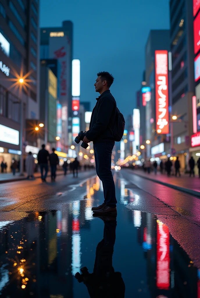 masterpiece,Highest quality,(Ultra-high definition CG Unity 8K wallpaper),(Highest quality),Physical Rendering,puddle,City view reflected on the water,Reflection of light,night,Busy Street,Passers-by々,Shibuya City,A man holding a camera.,