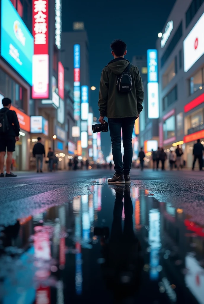 masterpiece,Highest quality,(Ultra-high definition CG Unity 8K wallpaper),(Highest quality),Physical Rendering,puddle,City view reflected on the water,Reflection of light,night,Busy Street,Passers-by々,Shibuya City,A man holding a camera.,