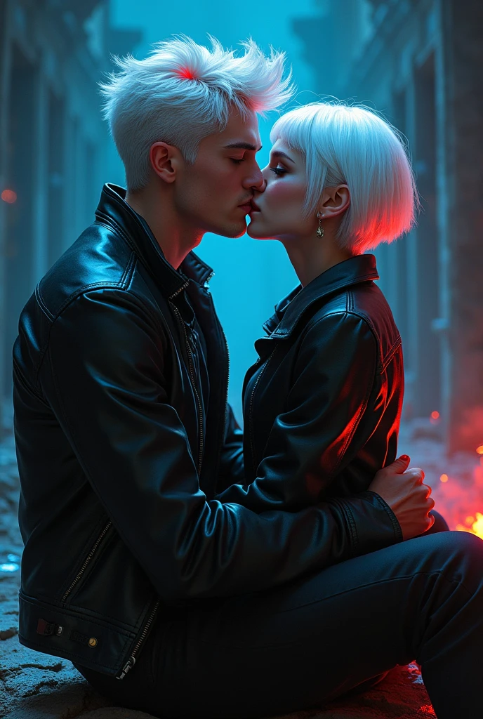 Create a  handsome boy with white hair and a red cut on his hair and red eyes wearing smart leather jacket with a 17 years beautiful girl with white Short hair and blue eyes sit side by side and kissing each other in hell