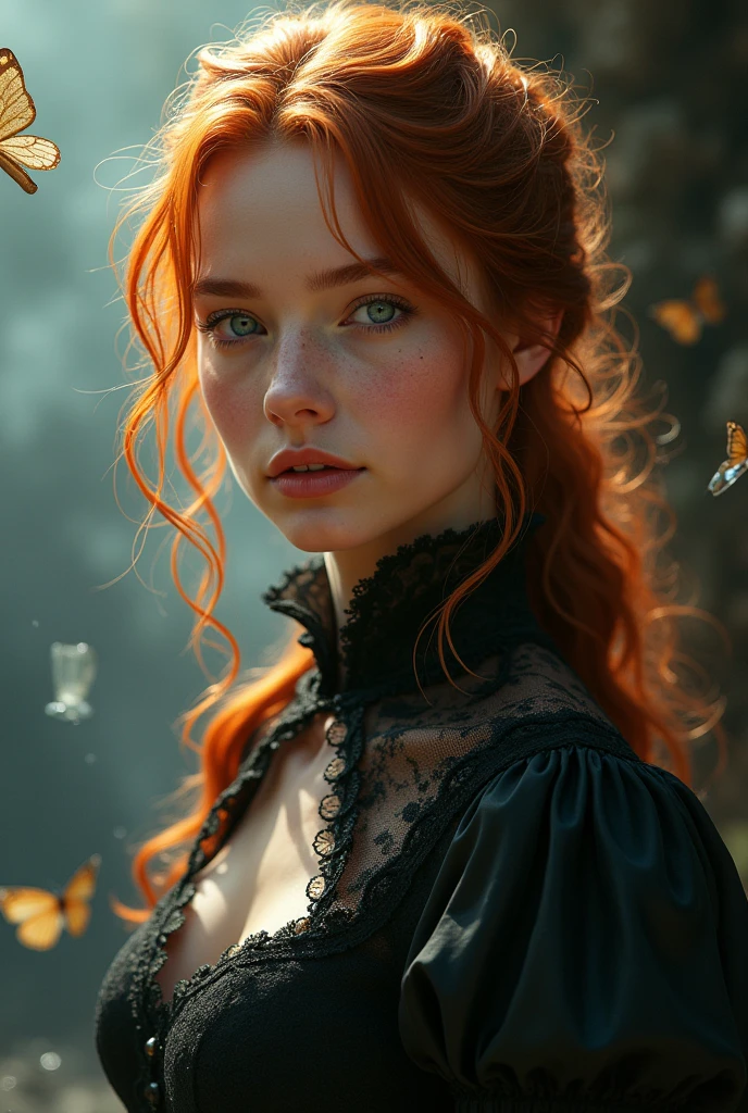 (solo, full body photo:1.3), (action packed:1.3), (haze, fog, mist:1.3), chiaroscuro, best quality, photorealistic, 1woman, (cute), (24yo:1.2), redhead, long ginger hair highly detailed, 1700'S, digital photography, art by artgerm and ruan jia and greg rutkowski surreal painting gold butterfly filigree, broken glass, (masterpiece, sidelighting, finely detailed Fashionable eyes: 1.2) (perfect oval large eyes that gazes at the viewer), beautiful detailed face, blue gorgeous perfect eyes, (blonde hair ponytail), (attractive young woman:1.3), (thick amazing hair), (seductive:1.1), (blushing:1.1)