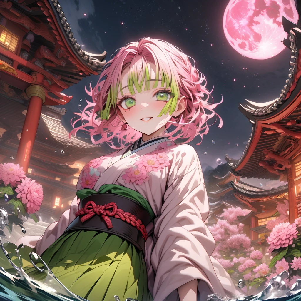 absurd, high resolution, Extremely detailed, HDR, masterpiece, best quality, Extremely detailed, Kanroji Temple Manri, Pink Hair, Expressive green eyes, Mole under the eye, Demon Slayer: Kimetsu no Yaiba, Solitary, Miss, beautiful, Smile, Demon Slayer: Kimetsu no Yaiba, Snow on chest, Green skirt, fantasy, water, shiny, 粉红色shiny萤火虫, Pink Moon, Pink flowers, pink chrysanthemum, pink shiny lights, Starry Sky, magic
