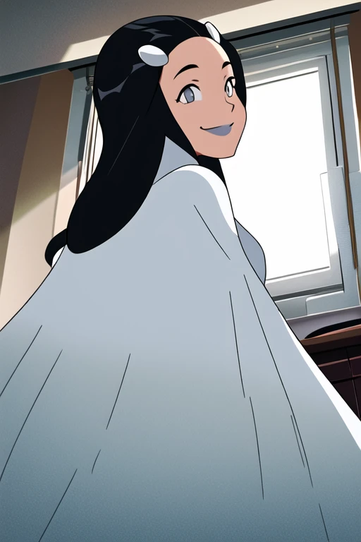 Tinya Wazzo, solo,black hair, long hair. grey eyes, smile, grey lips, white cape, best quality, masterpiece, 1girl, Masterpiece, Best Quality, Detail, room, From Behind, From Below, cape wavering in fronts