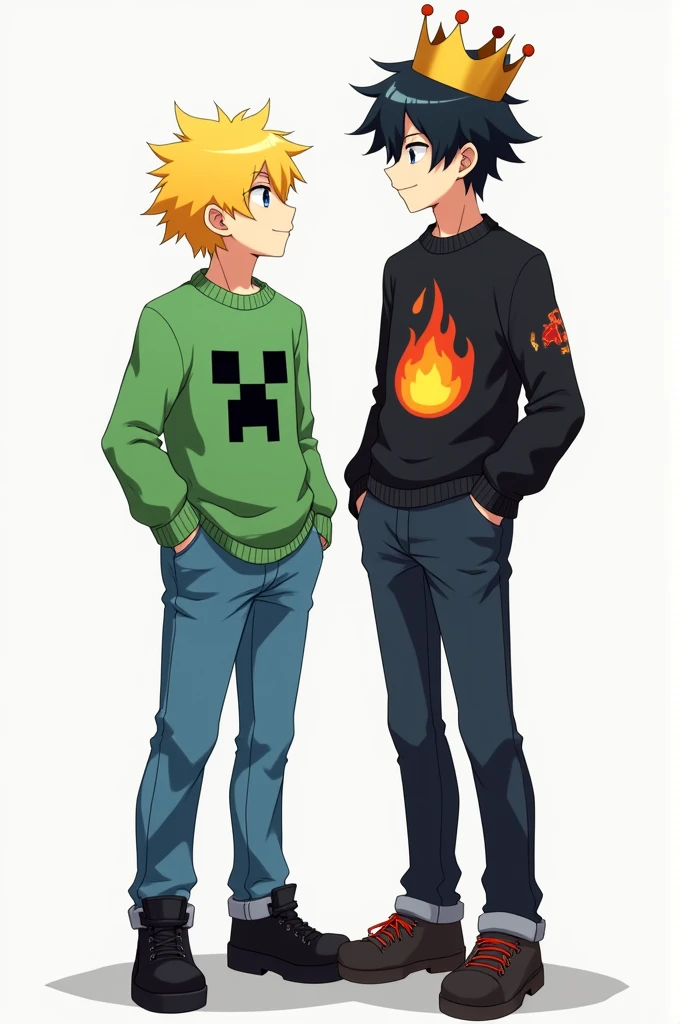 A yellow-haired anime boy wearing a green creeper sweater, blue pants, and black shoes with a black-haired anime boy wearing a crown and a black sweater with a fire logo. 