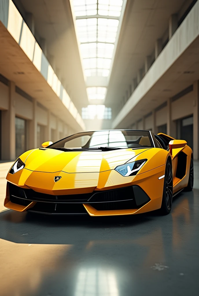 The image shows a yellow Lamborghini with its sunroof open, parked inside a large building.