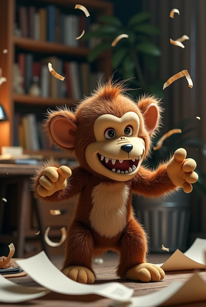 A stuffed monkey tearing up a letter and throwing it in the trash can