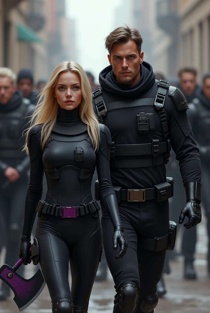 Create the image of a 22 year old blonde girl, blue eyes, clear skin, thick lips, slim, dressed in a well-equipped black tight-fitting combat suit and a black and purple axe in hand, Together with her, she creates a 31-year-old boy, clear skin, eyes the color of honey, Brown hair, muscular, dressed in a well-equipped black combat suit and a weapon
Create them making a spectacular entrance to an important place where a mafia army supports them from behind
