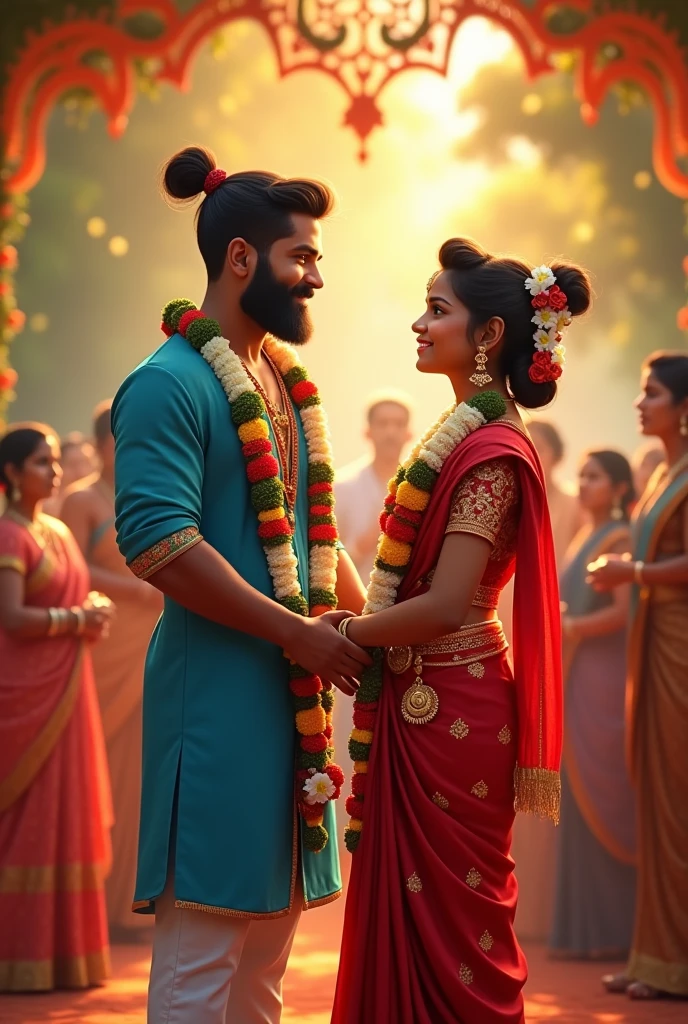 Kerala gay two boy's marriage, traditional culture, one boy muscular with beard blue colour dress, second boy cute and wearing red colour dress, infront of relatives