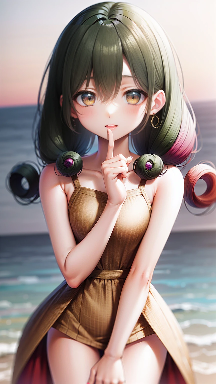 1 person, (Rainbow Hair, Colorful Hair, half green and half pink hair: 1.2), , green_null, Have a magic wand, summer (Oceansupon), petal_upon_liquid, Black hooded cloak, red and black ripped dress, skirt: 1.2, (gold lupong curly hair: 1.5), null, Outdoor, cloud, bangs, smile, null green eyes, Exposing shoulders, Perfect hands, Hand Detail, Repaired finger. Earrings, Ocean + background, Looking_in_Audience, Cowboy Shot, Highest quality, Rich details, Perfect image quality, sunrise