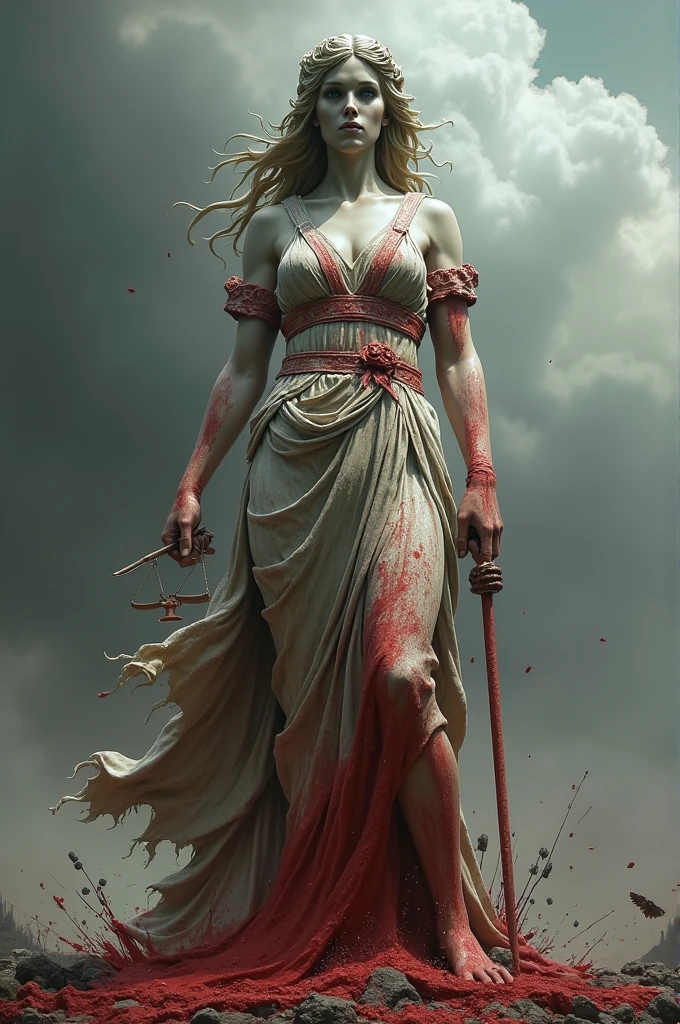 Indian, lady of justice statue, wearing blood stained cloth , tore cloth, 