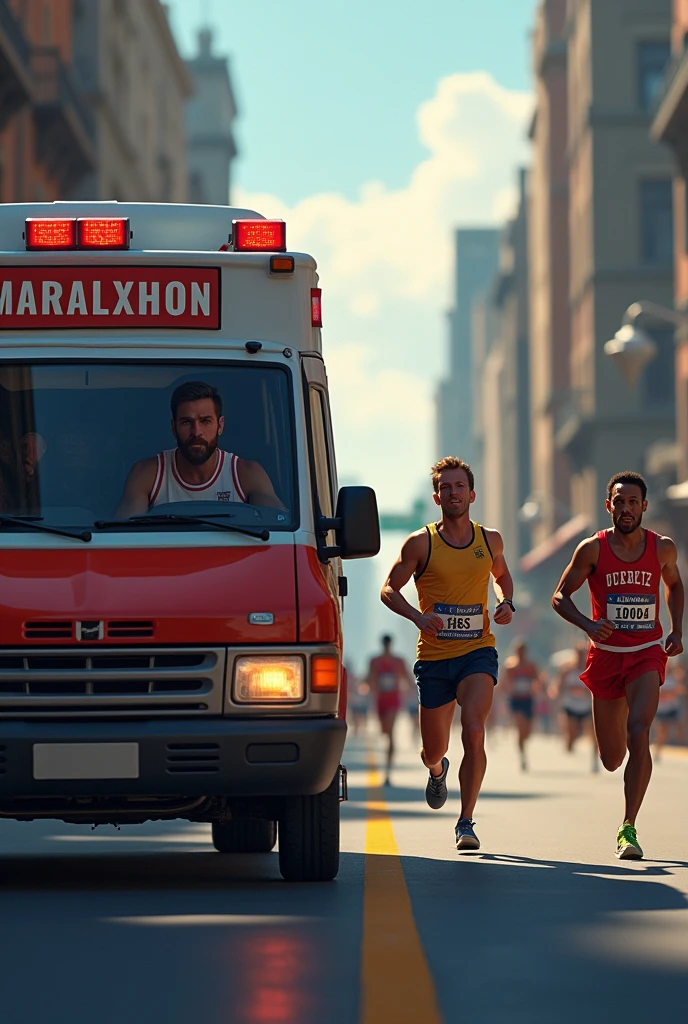 A competitior inside an ambulance while others running a marathon race. there is a board named as marathon