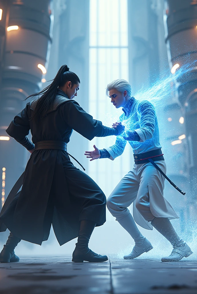 Have two men fighting in a futuristic coliseum, One young man is tall with long black hair tied in a samurai style, wearing black clothes. The other young man has medium-length white hair and wears a white leather suit. He has blue powers.