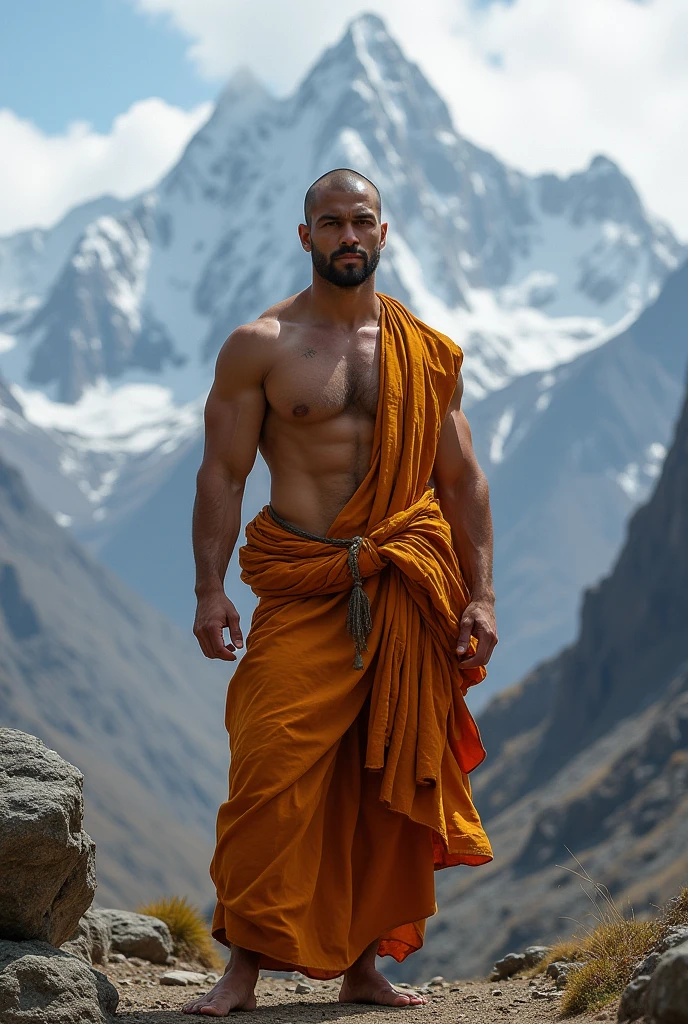 A monk wearing monk dress on himalays in serious mood also with proper body muscle and six abs looking front