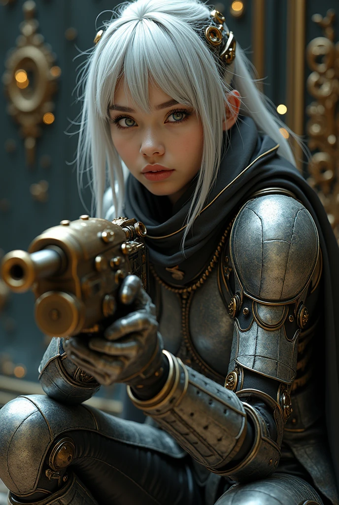 Surreal Ultra-fantastical Super detailed Gatling Gun Soldier Mechanic Art steampunk Glossy black gold Intricate Design 8k 3D Cinema Lighting Silver Hair Clear Eyes Cool accessories Sitting pose Dynamic pose Metallic Color Cinema Lighting Amulet Gorgeous gloves