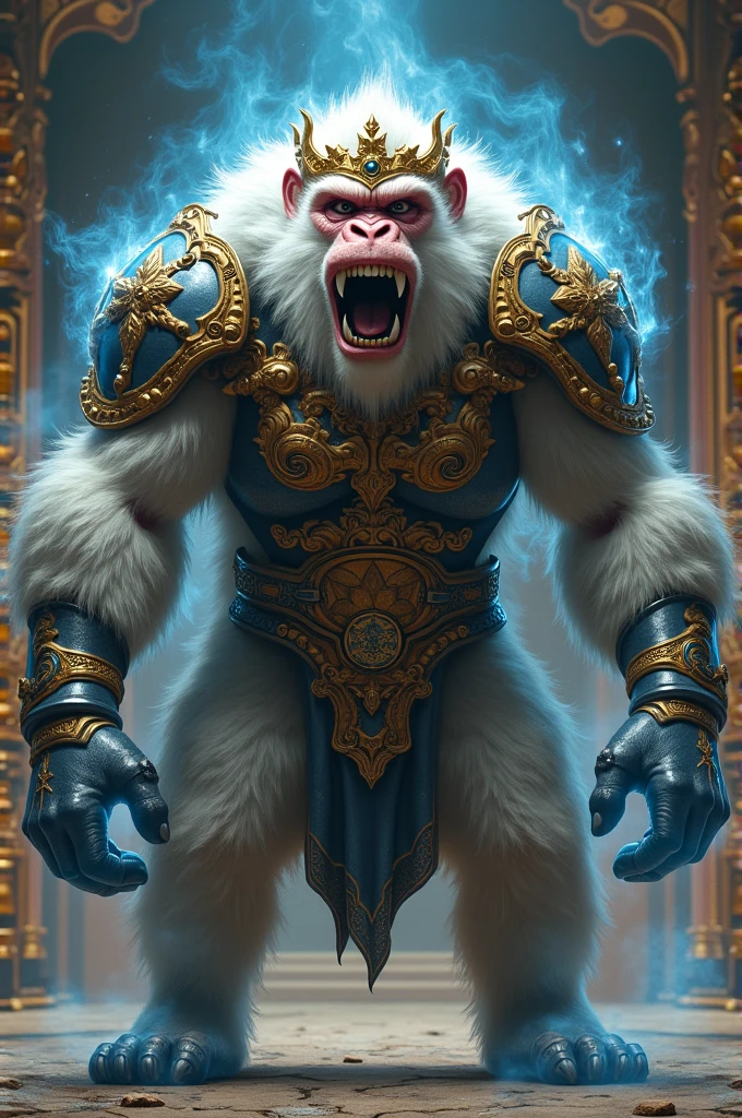 White monkey war king with a golden crown, gaping mouth, long sharp fangs, sturdy body with armor, on his body there is a blue and gold aura energy with an ancient temple background