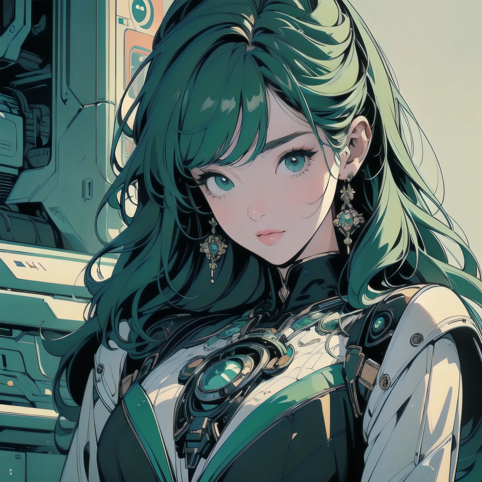 (((masterpiece, Highest quality)))、(((32K Wallpapers)))、The most detailed machine、(((The most complete and detailed green futuristic machine and a woman)))、The most detailed background、(((Flat Chest)))、(((Surrounded by many complex, sophisticated, futuristic machines)))、head shot,((((more various angle))))、((Overall colorfully))、A perfect machine、(((Perfect Face)))、(((The most complete machine of the future)))、Detailed Hair、トライガン