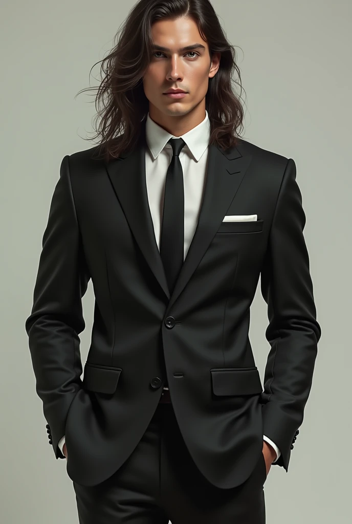 create an image of a man 
one meter eighty
thin build
tender face big hands long hair and dress well