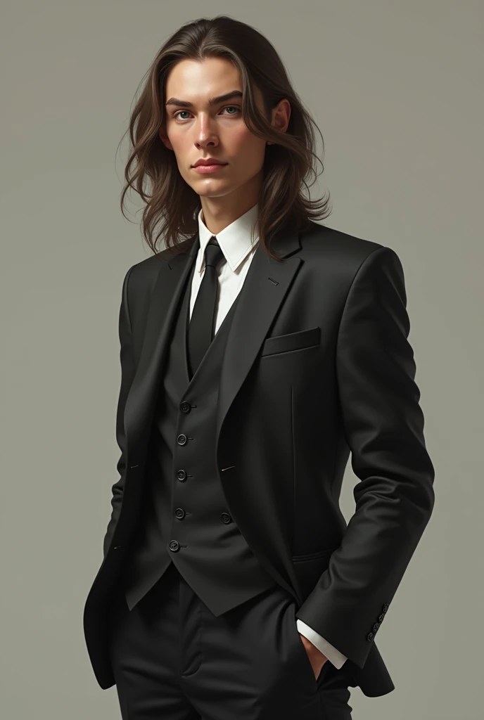 create an image of a man
one meter eighty
thin build
tender face big hands long hair and dress well