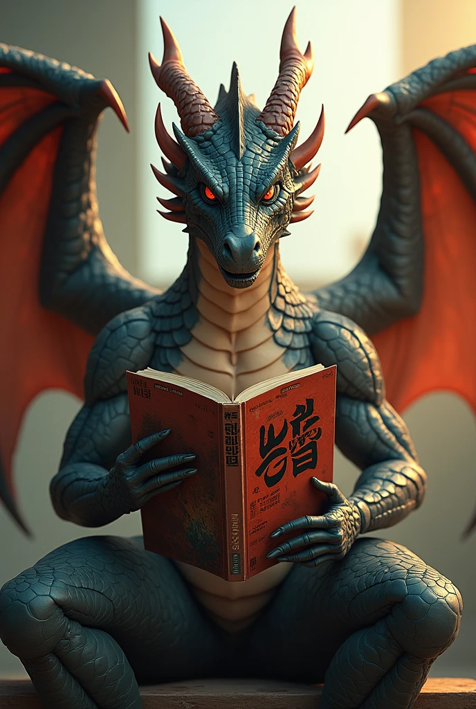 the dragon clap wings closed eyes and holds a comic book cover title manwha
while sitting on a wooden chair.