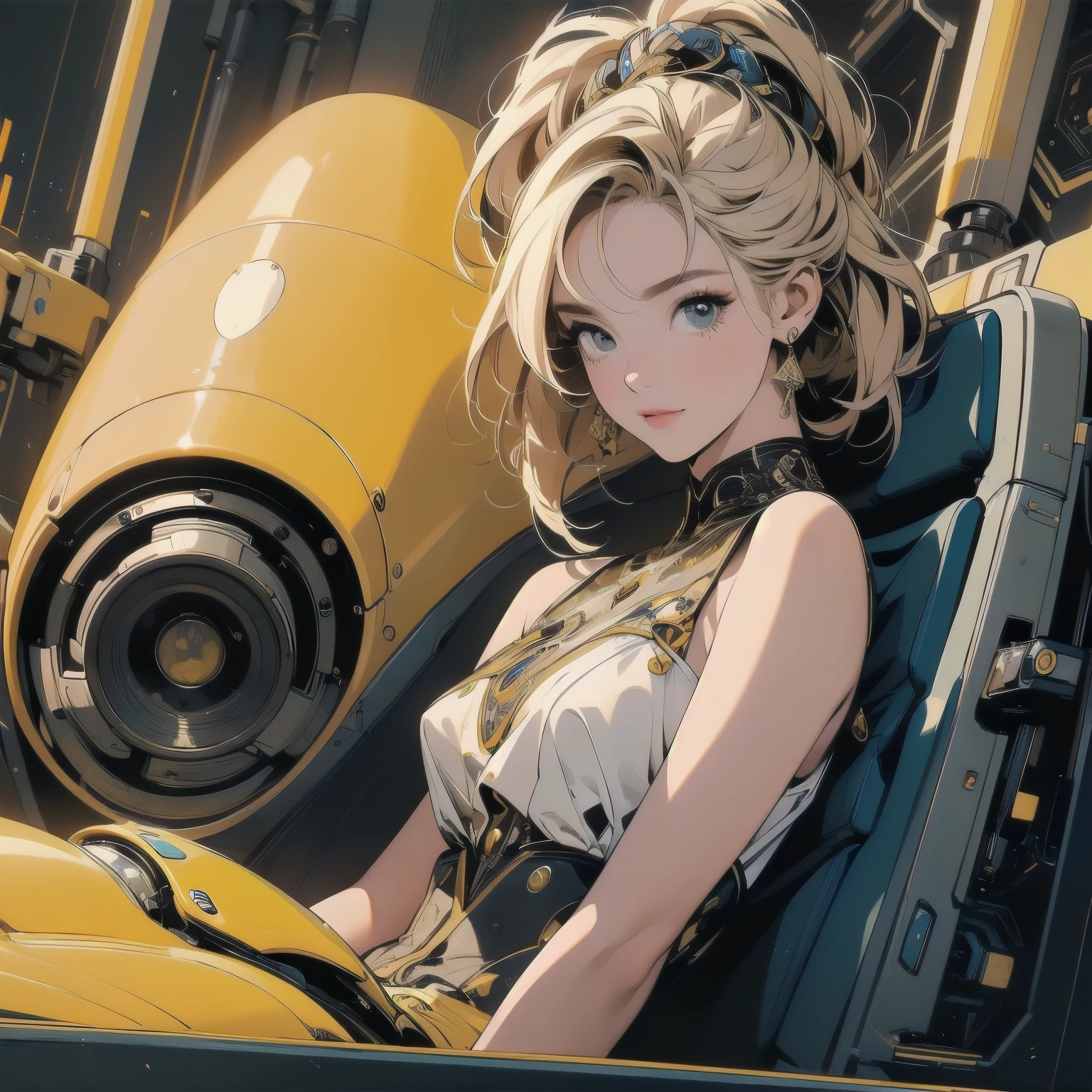 (((masterpiece, Highest quality)))、(((32K Wallpapers)))、The most detailed machine、(((The most complete and detailed yellow futuristic machine and a woman)))、The most detailed background、(((Flat Chest)))、(((Surrounded by many complex, sophisticated, futuristic machines)))、head shot,((((more various angle))))、((Overall colorfully))、A perfect machine、(((Perfect Face)))、(((The most complete machine of the future)))、Detailed Hair、トライガン