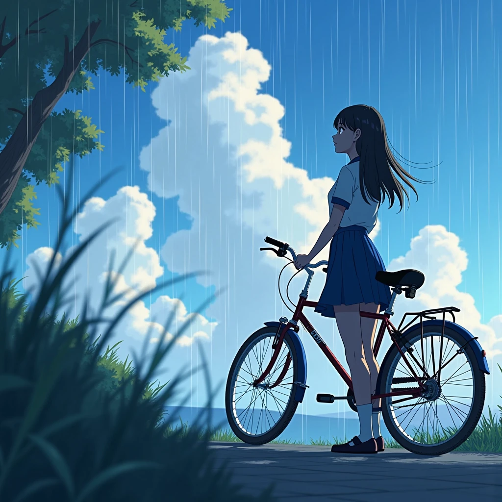 High school student gazing at the weather with a dazzling expression、profile、Shinkai、uniform、Skirt length is knee、bicycle、after the rain