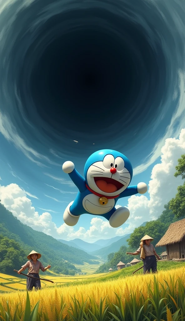 Doraemon scared fall from black hole, from above, Below are Vietnamese farmers harvesting autumn rice. 

