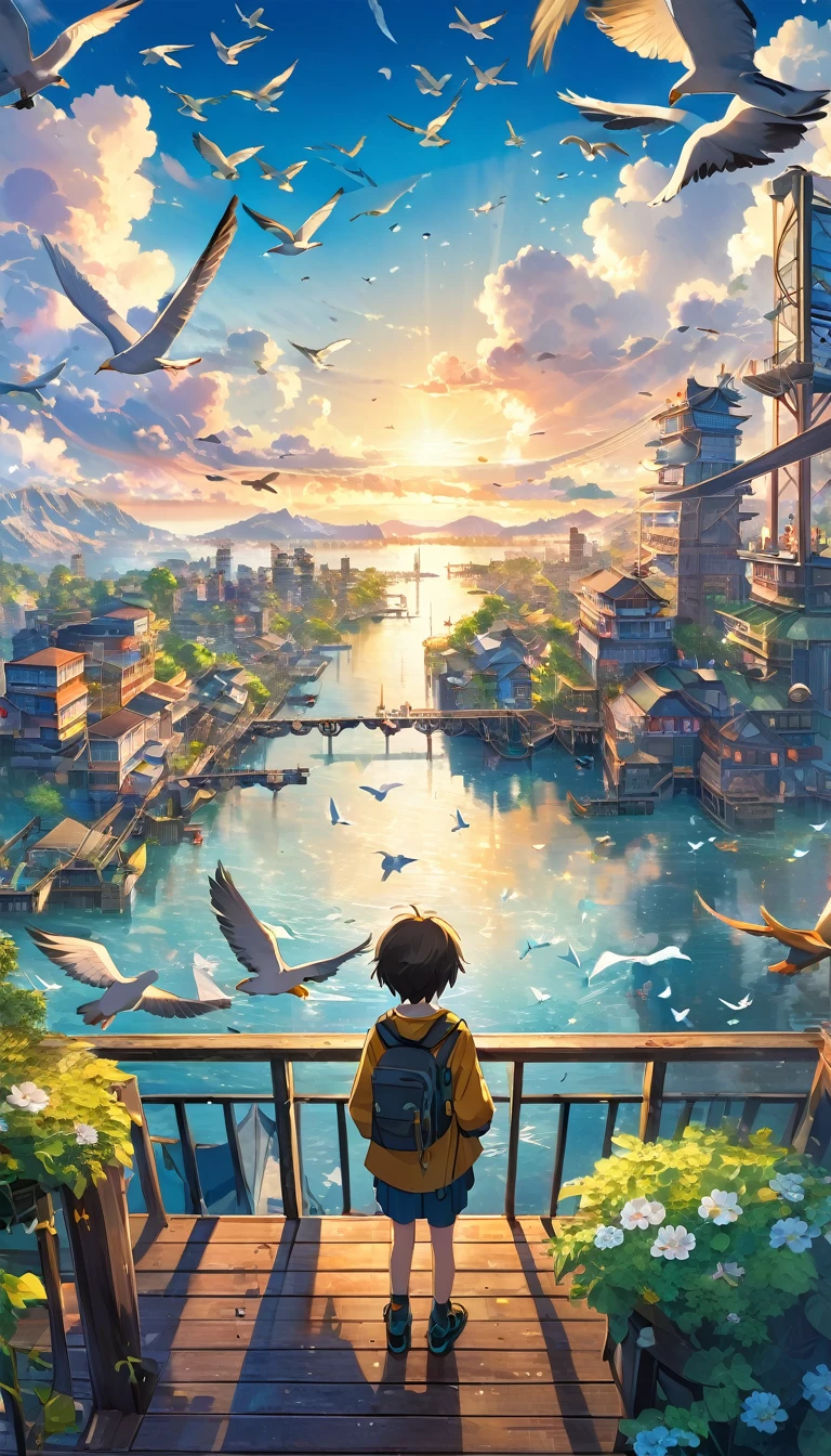 boy on deck looking over the lake with birds hovering behind her, in the style of dreamlike cityscapes, anime art, 32k uhd, detailed world-building, national geographic photo, vibrant illustrations, painterly style --ar 3:4 --v 5.2