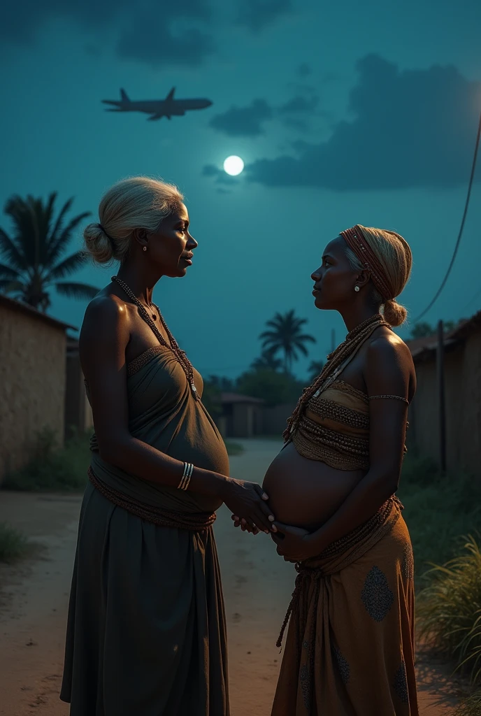 it is night time in a village, an older African woman holding hand of pretty young blond pregnant girlfriend in tribal clothing, the girlfriend is looking at airplanes, passing the sky at a long distance longing to go back home to civilization. full body shot,