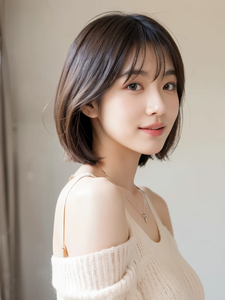 ultra high res, RAW photo, cute japanese women photos, whole body,long sleeve dress, ((Shoulder length brown straight short bob)), (upper half of body), Take a photo from the front,Portrait,surface focus,gentle smile,(light blush), large size_sweater, necklace, indoor, white background,looking at the viewer, mix 4, (realistic Photoreal:1.37), 1 girl, cute, so soft natural lighting, photon mapping, Physically based rendering, shortcut, short hair, Handsome, girly, (clean face), (Detailed facial description), (detailed description of handasseter muscle part), (Detailed CG), Rich details, (exquisite features), (detailed eye), looking forward to your eyes, delicate clavicle, Versatile poses, profile, white wall, Spring clothes, Simple necklace, Don, (photorealistic:1.4), From above, best quality, masterpiece