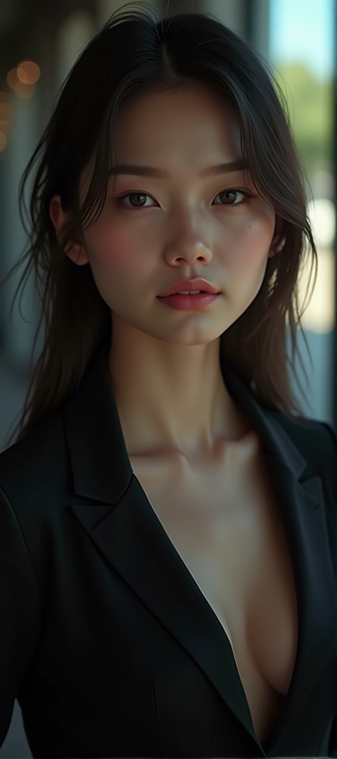 best quality, masterpiece, 1girl, Beautiful face, (photo realistic:1.3), rim lighting, (high detailed skin:1.2), 8k uhd, dslr, high quality, high resolution, 4k, 8k, Bokeh, absurdres, best ratio four finger and one thumb, (realistic:1.3), cute 1girl, wearing black formal blazer, medium breasts, nude