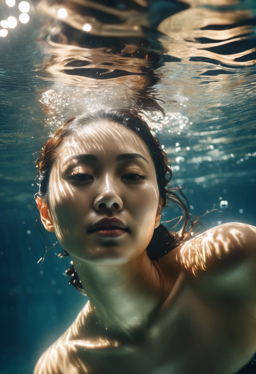 A captivating underwater photograph of a Japanese woman swimming gracefully, ultra detailed, surrounded by delicate water bubbles reflecting the sunlight , realistic shadows, symmetrical face, relaxed expression, The water is clear, slight murkiness, and the play of light creates a mystical atmosphere. DSLR, 35mm f/2. 8 lens, off centre, charming and memorable, cinematic, hyper realistic, 8k