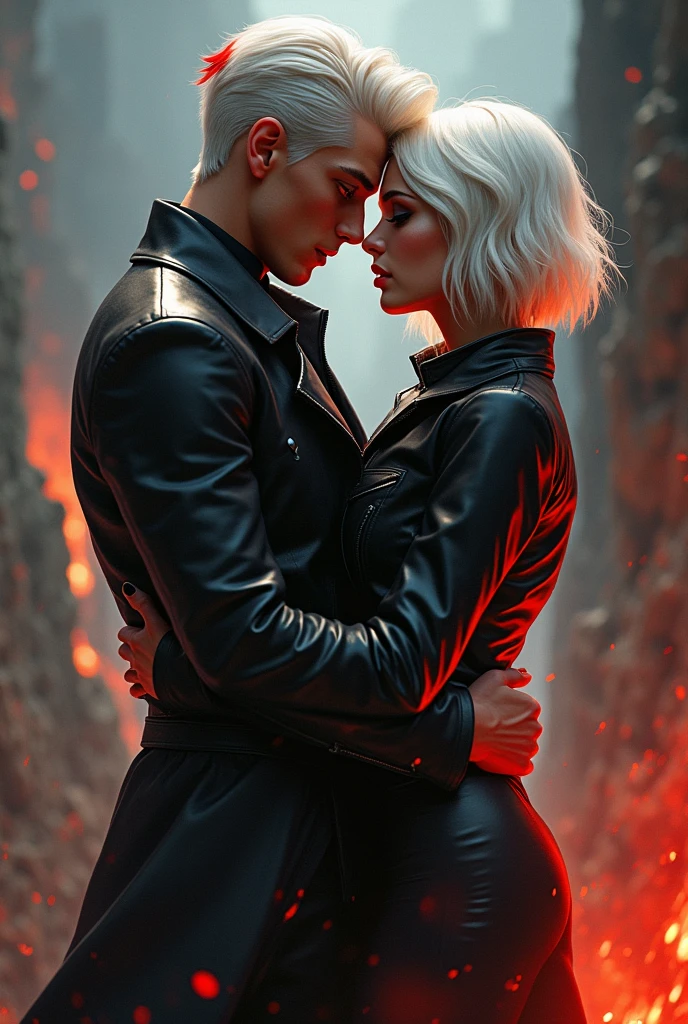 Create a handsome boy with white hair and a red cut on his hair and red eyes wearing smart leather jacket with a 17 years beautiful girl with white Short hair and blue colure eyes and kissing each other in hell