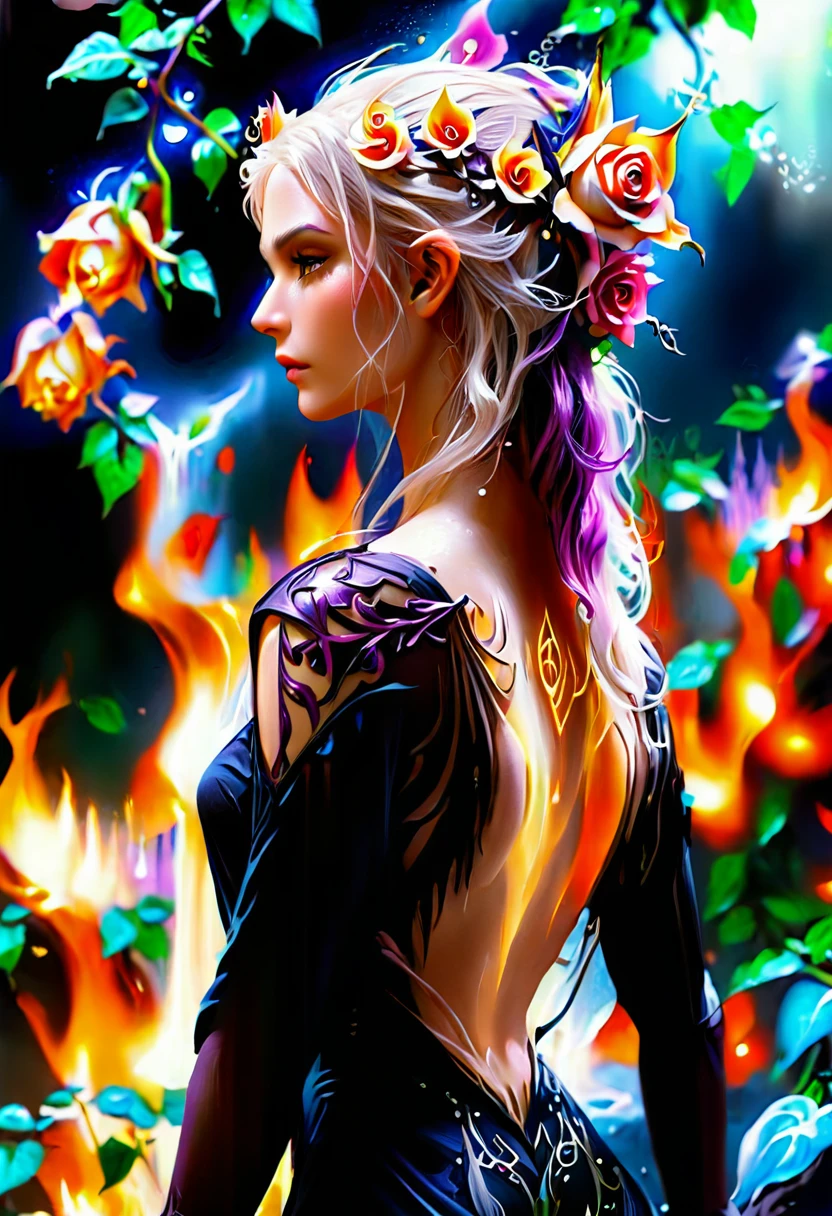  Dark fantasy art, fantasy art, Gothic art, a picture of a tattoo on That back of a female elf, glowing tattoo , White Rose , on That elf's back, That ,татуировка roses , Bright, intricate detailed coming to life from That ink to real life, Glowing Runes AI purple, fire surrounds That rose petals , shot taken from That back, That back is visible , she wears a sheer black dress, bare back, That dress is elegant, current, Elven style, that That татуировки светятся , dynamic hair color, Dynamic Hairstyle, interest,roses, 
