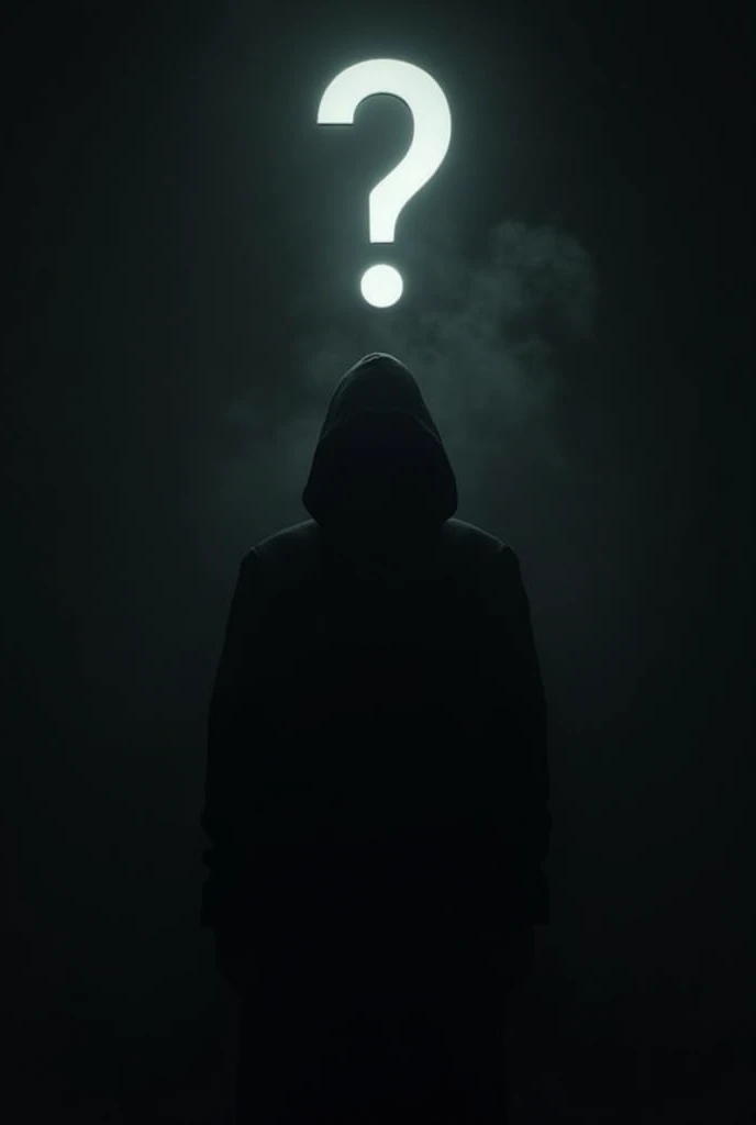 Create an image with a black background where a mysterious figure of a celebrity stands out. The person is shrouded in deep shadows, with your face hidden, and a big question mark floating over your head. The silhouette suggests a famous presence, but the identity remains hidden, increasing the mystery.