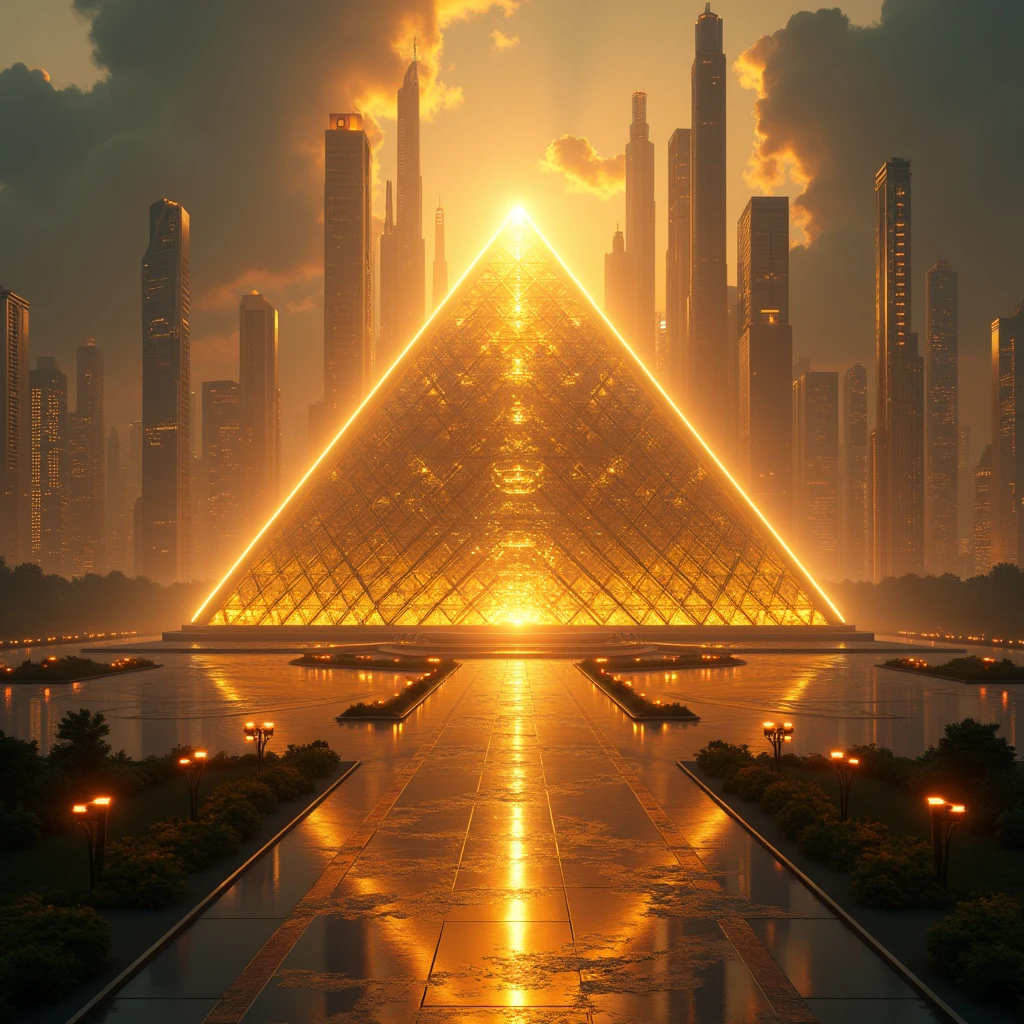A futuristic background of a golden glass pyramid with laser beams leads to a hyper-realistic scific city with huge skyscrapers. The hyper resolution of the background is 4k and has an aspect ratio of 16:9.golden pyramid, masterpiece, anatomically correct, super detail, high quality, best quality, 8k, 16k, high details