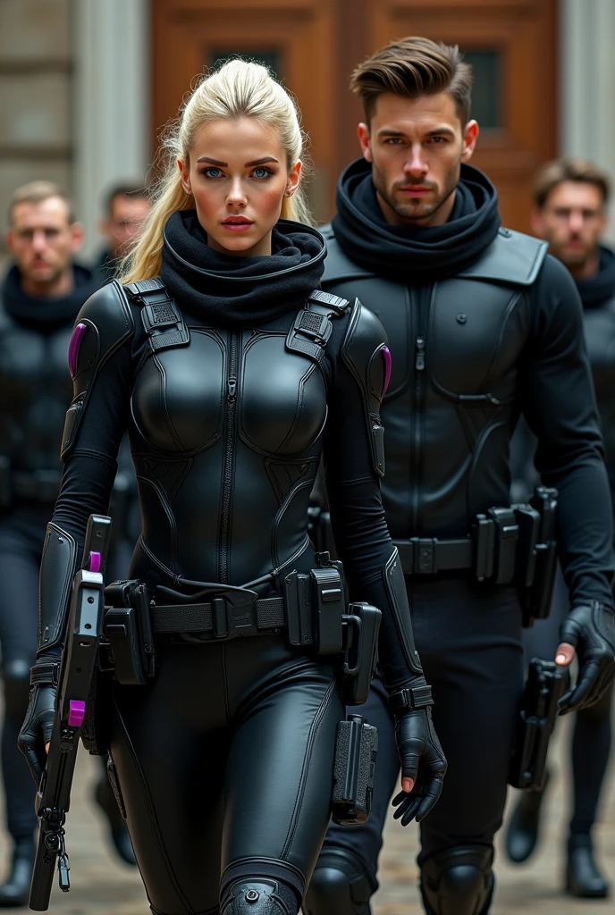 Create the image of a 20-year-old blonde girl, blue eyes, clear skin, thick lips, slim, with an angel face, She is dressed in a well-equipped, tight black combat suit and has a black and purple axe in her hand., Alongside her, create a 29-year-old boy, clear skin, eyes the color of honey, Brown hair, muscular, dressed in a well-equipped black combat suit and a weapon
Create them making a spectacular entrance to an important place where a mafia army supports them from behind 