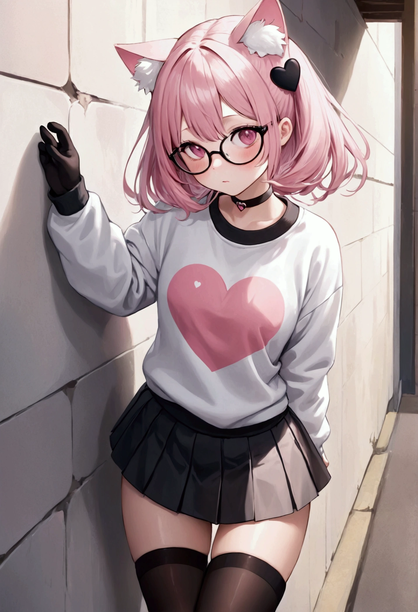 I have white pink hair, cat ears, a bun, my face is super blushing, black glasses, pink heart eyes, a big pink sweatshirt, a black skirt, black stockings, white shoes, a cat's tail, a girl. very shy that she is glued to a wall with her butt