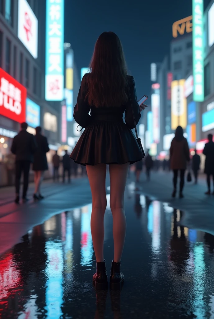 masterpiece,Highest quality,(Ultra-high definition CG Unity 8K wallpaper),(Highest quality),Physical Rendering,puddle,City view reflected on the water,Reflection of light,night,Busy Street,Passers-by々,Shibuya City,A prostitute stands alone, operating a smartphone.,mini skirt,