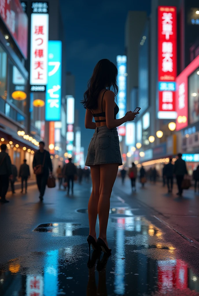 masterpiece,Highest quality,(Ultra-high definition CG Unity 8K wallpaper),(Highest quality),Physical Rendering,puddle,City view reflected on the water,Reflection of light,night,Busy Street,Passers-by々,Shibuya City,A prostitute stands alone, operating a smartphone.,mini skirt,